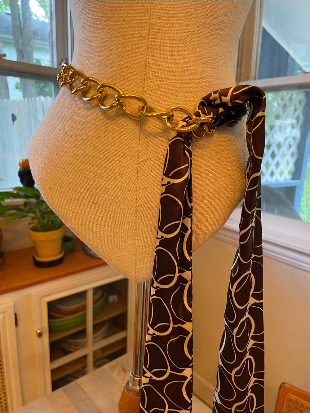 Gold Chain Belt with Brown Patterned Scarf Tie